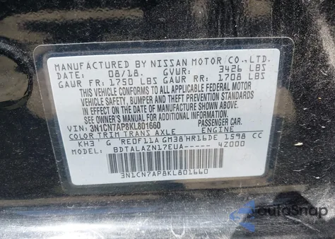 2019 Nissan Versa 1.6 S+ from USA, damaged, VIN 3N1CN7AP8KL801660